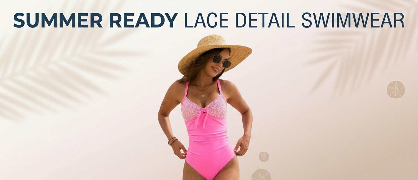 Woman wearing a pink one-piece lace detail swimsuit, straw hat, and sunglasses. Text reads: Summer ready lace detail swimwear with four color swatches shown.
