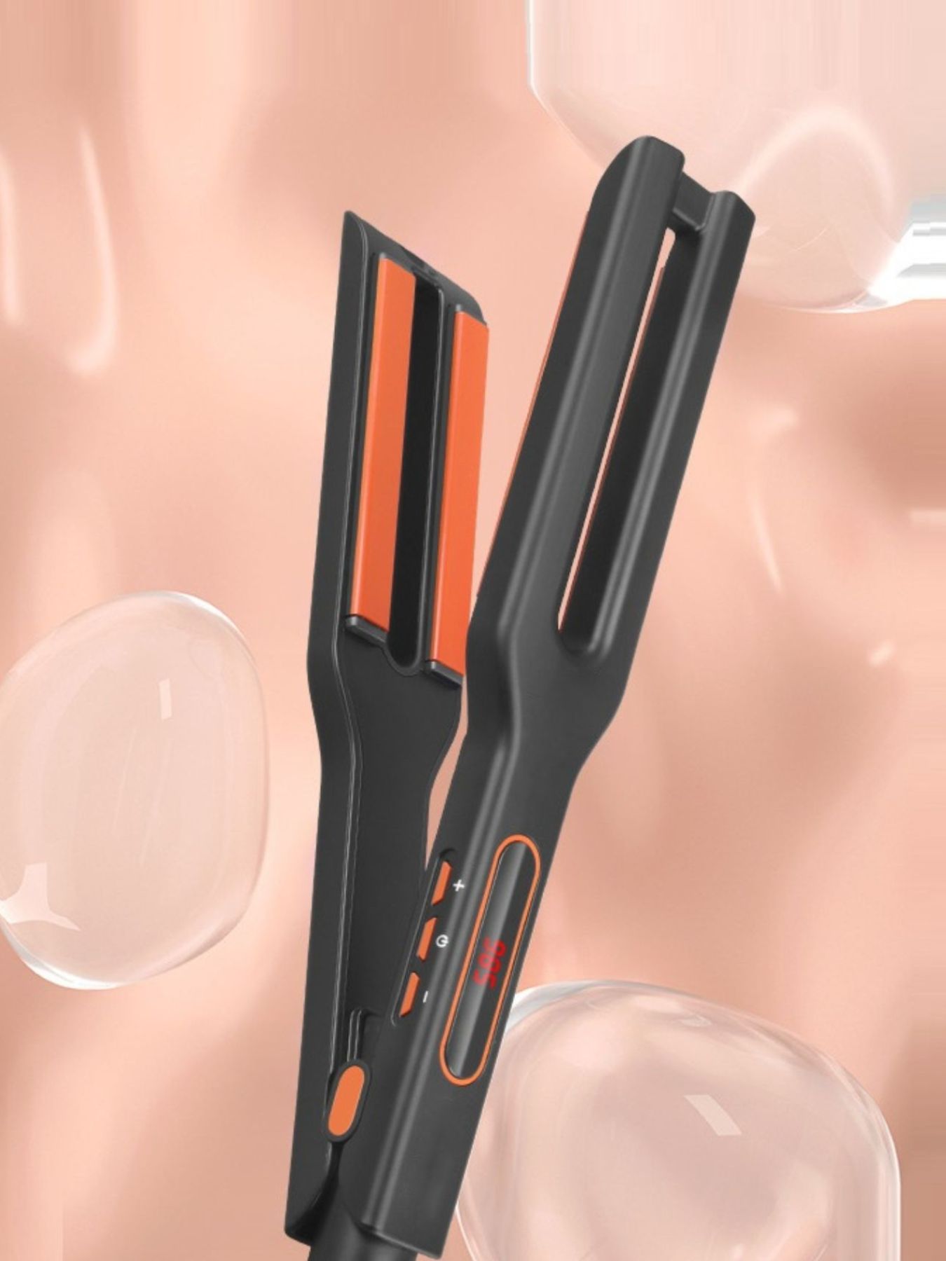 A black and orange hair straightener with open plates is displayed against a soft peach background with translucent bubbles.