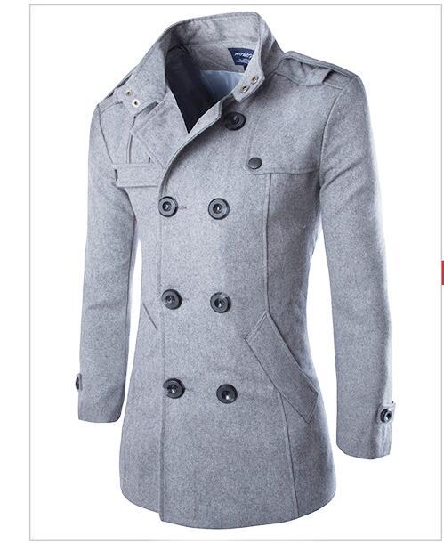 Light gray, double-breasted wool coat with black buttons, high collar, shoulder epaulets, and angled side pockets, displayed on a white background.