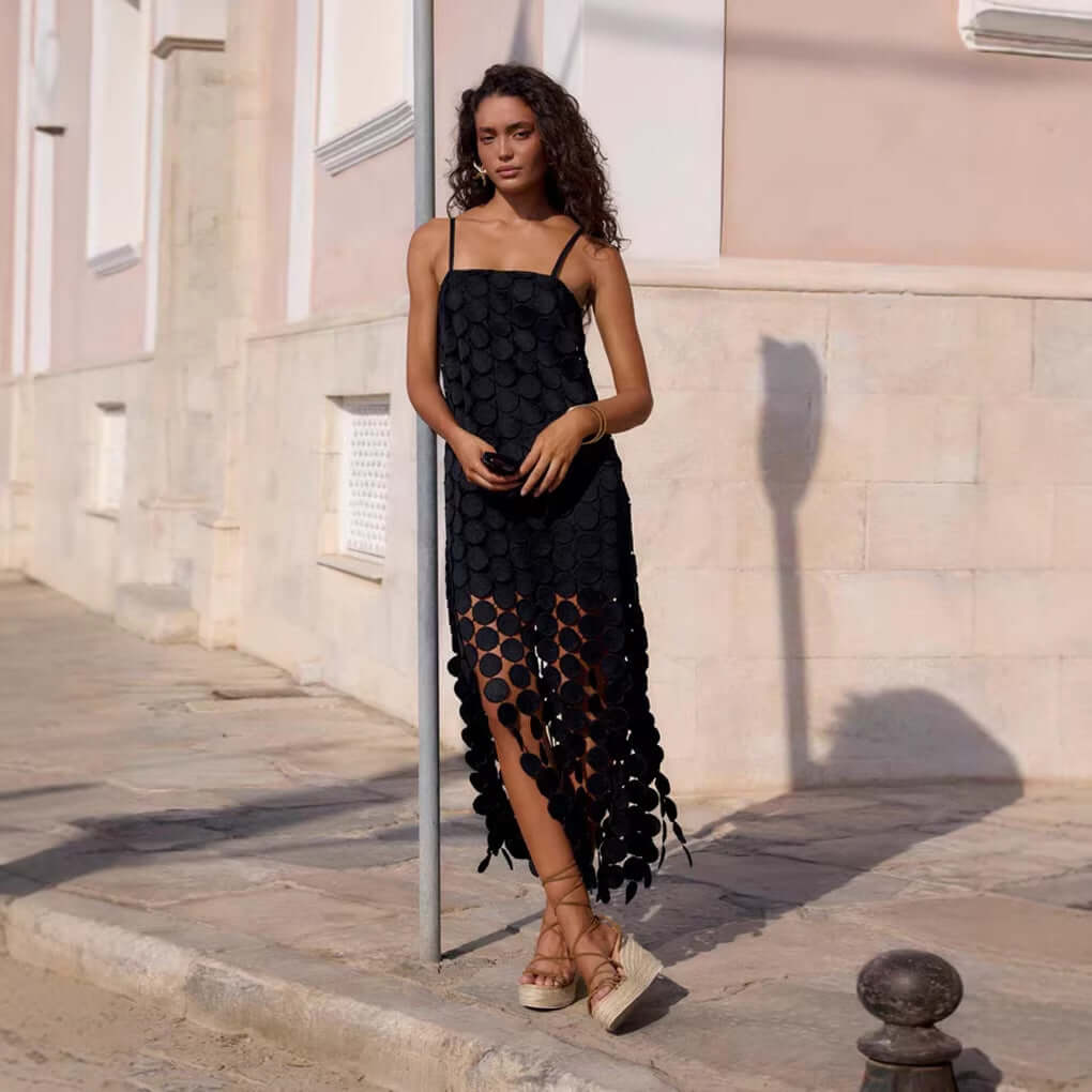 Fashion Hollow-Out Polka Dot Midi Slip Dress - Lightweight Sleeveless Linen-Blend Summer Dress For Women - cas7m