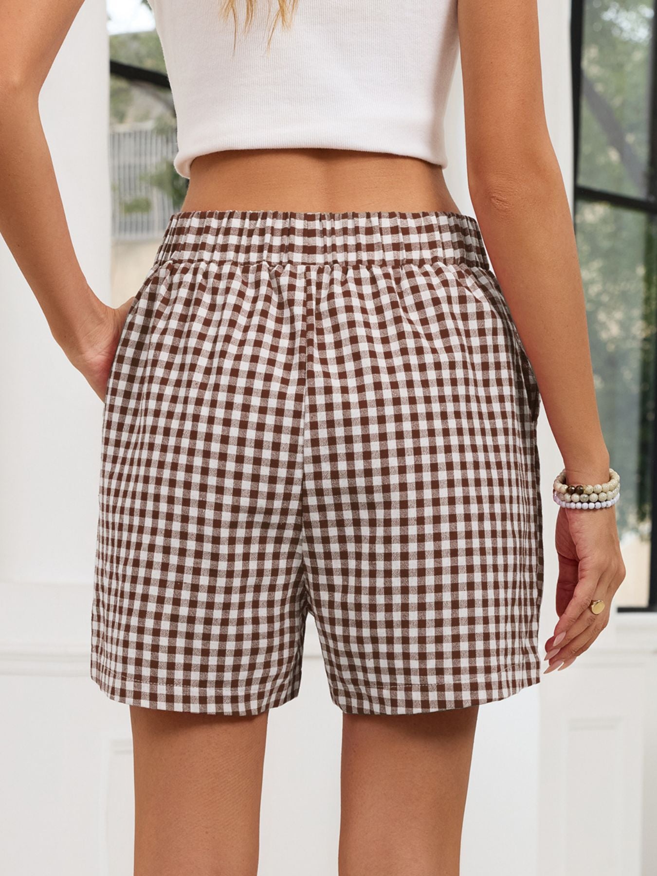 Gingham Elastic Waist Casual Shorts - cas7m