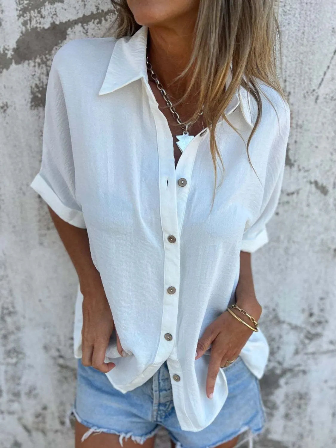 Full Size Collared Neck Half Sleeve Shirt Plus Size - cas7m