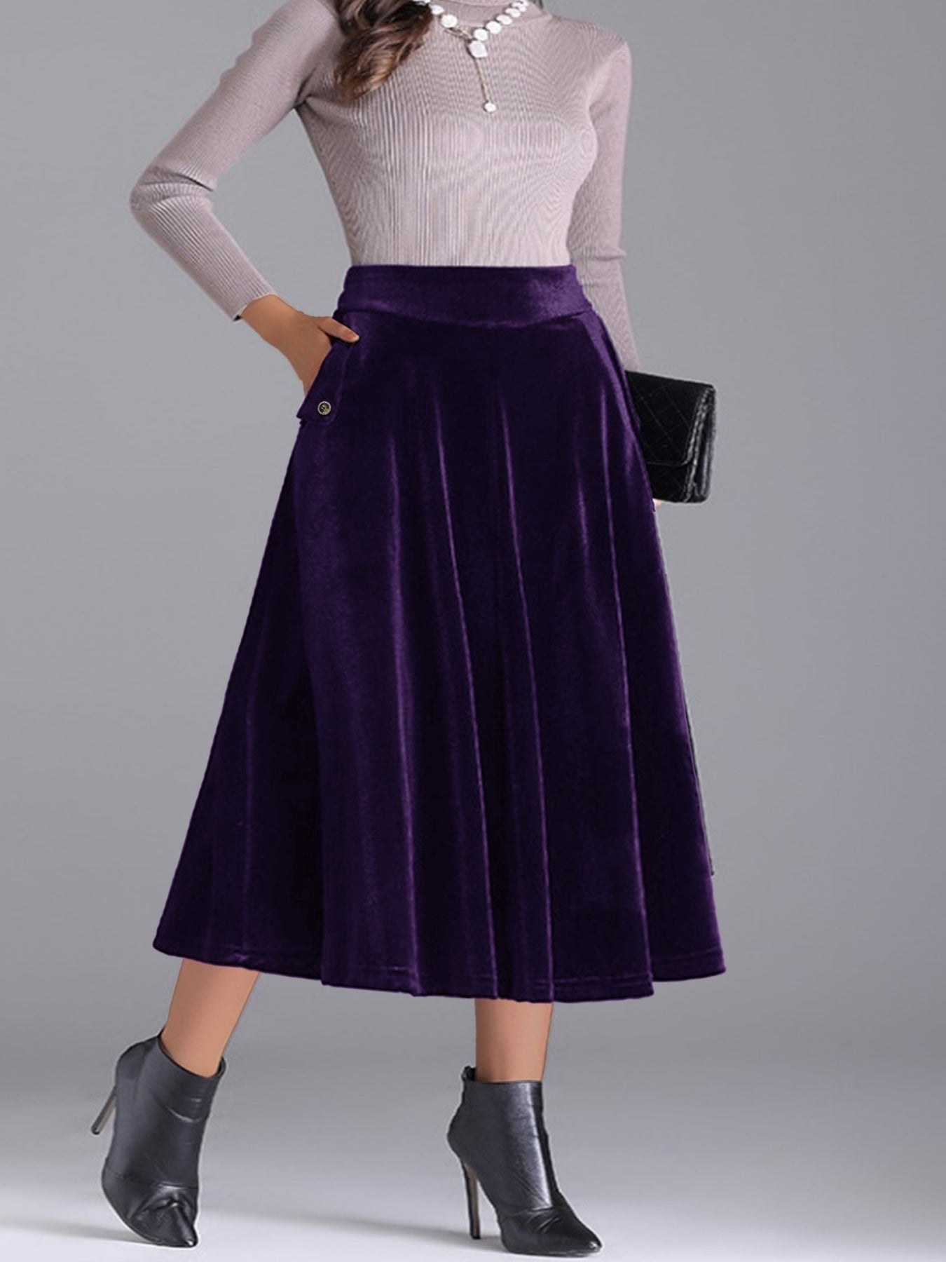 Plus Size Elegant Velvet A-Line Midi Skirt - cas7m