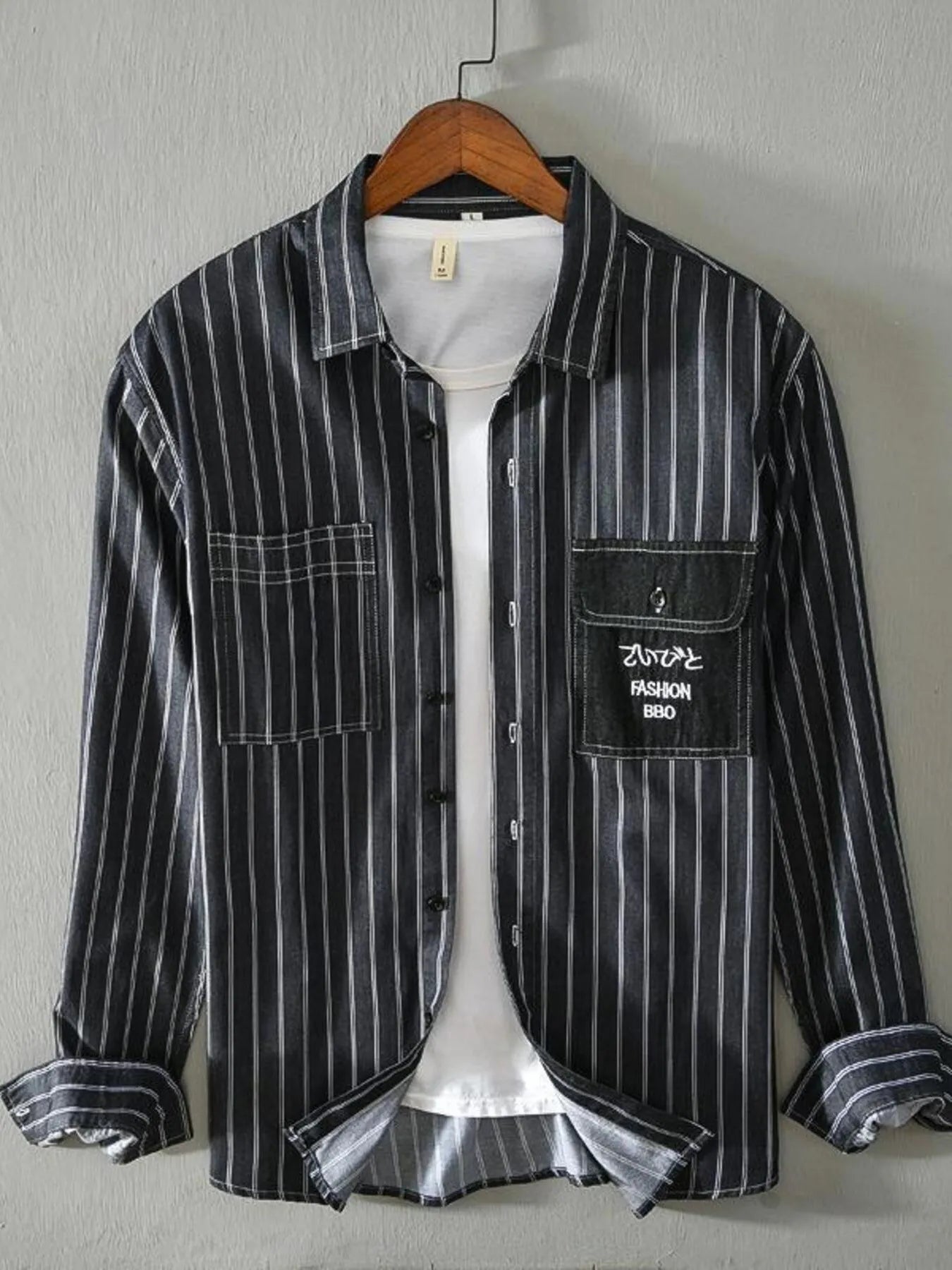 Men's Plus Size Striped Button Up Long Sleeve Shirt - cas7m