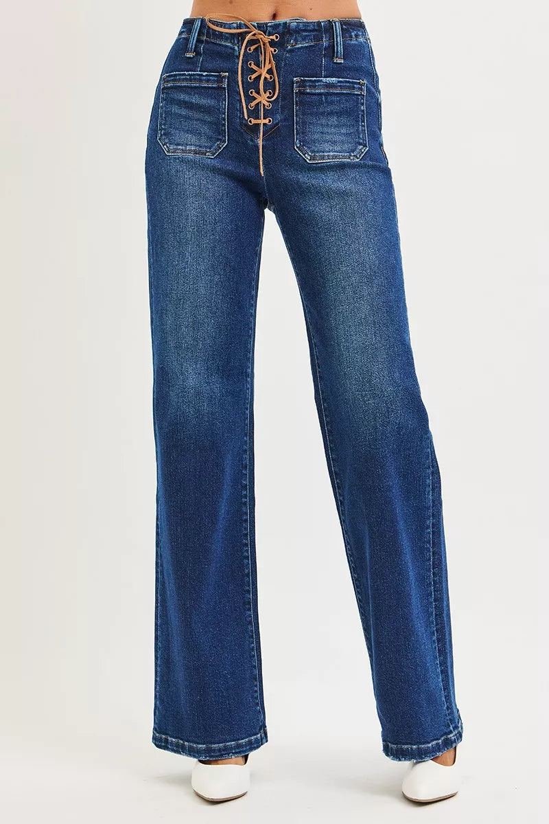 RISEN Full Size High Rise Wide Leg Jeans with Front Tie Detail Plus Size - cas7m