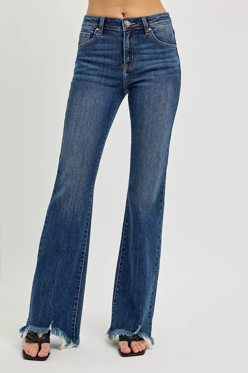 RISEN Full Size Mid Rise Flare Frayed Hem Jeans Plus Size - cas7m