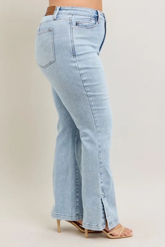 Judy Blue Full Size Tummy Control Vintage Wash Side Slit Slim Boot Jeans Plus Size - cas7m