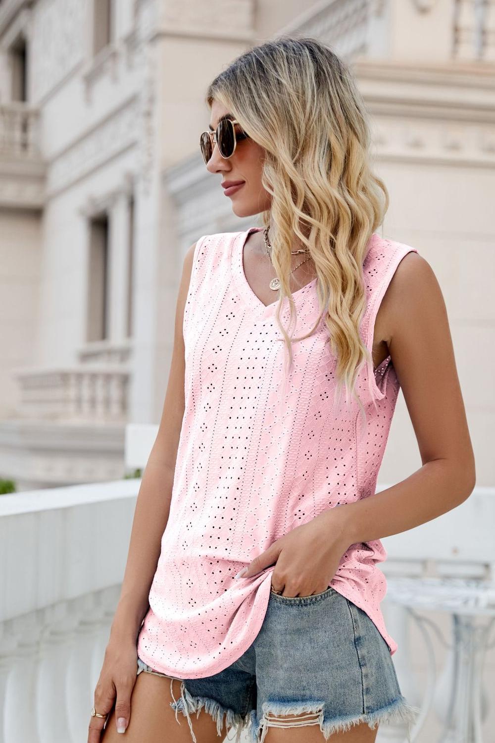 Eyelet V-Neck Tank - cas7m