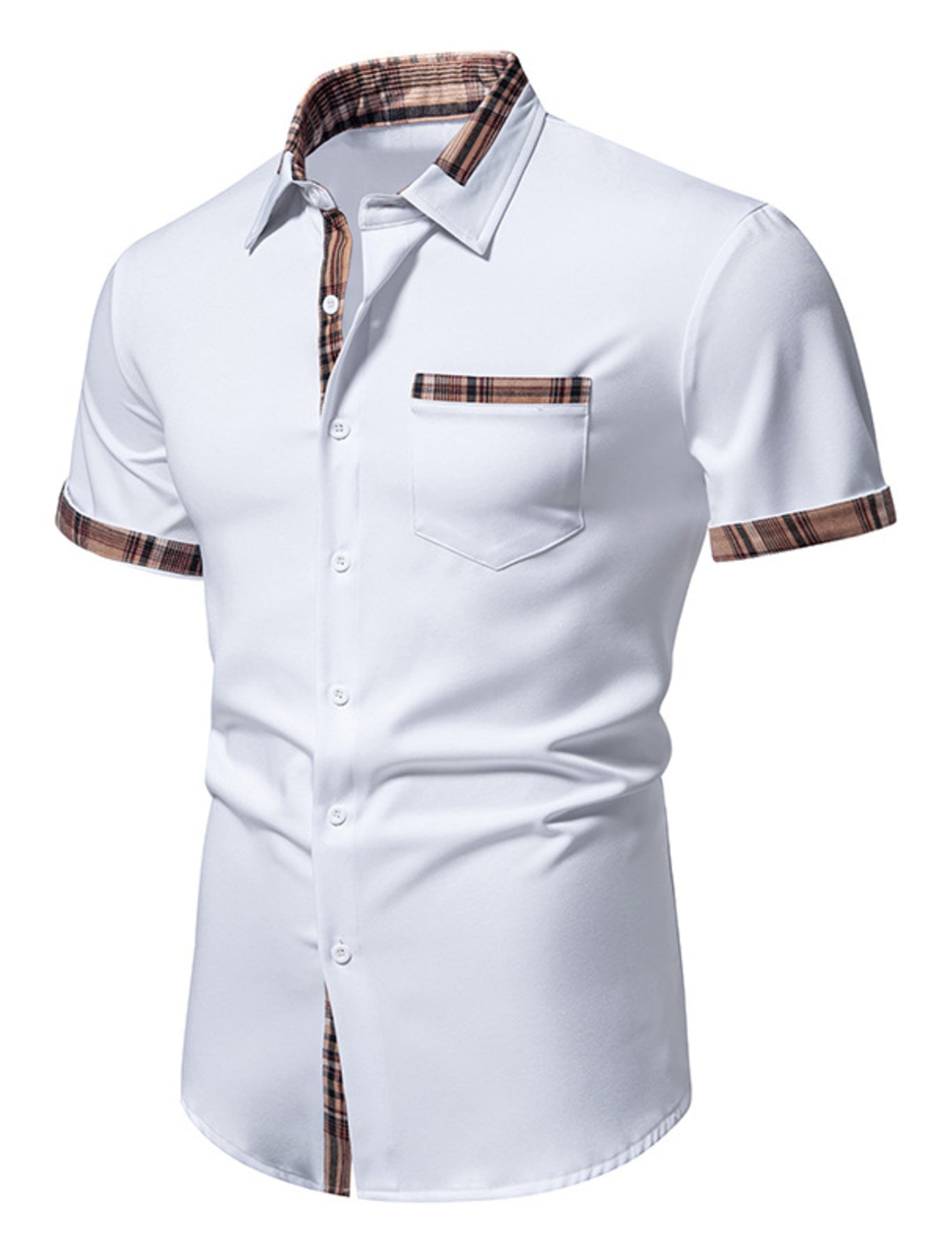 Men's Short Sleeve Plaid Trim Shirt - cas7m