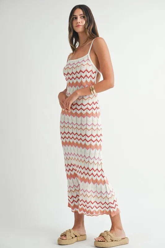 MABLE Lightweight Pointelle Chevron Knit Maxi Dress - cas7m