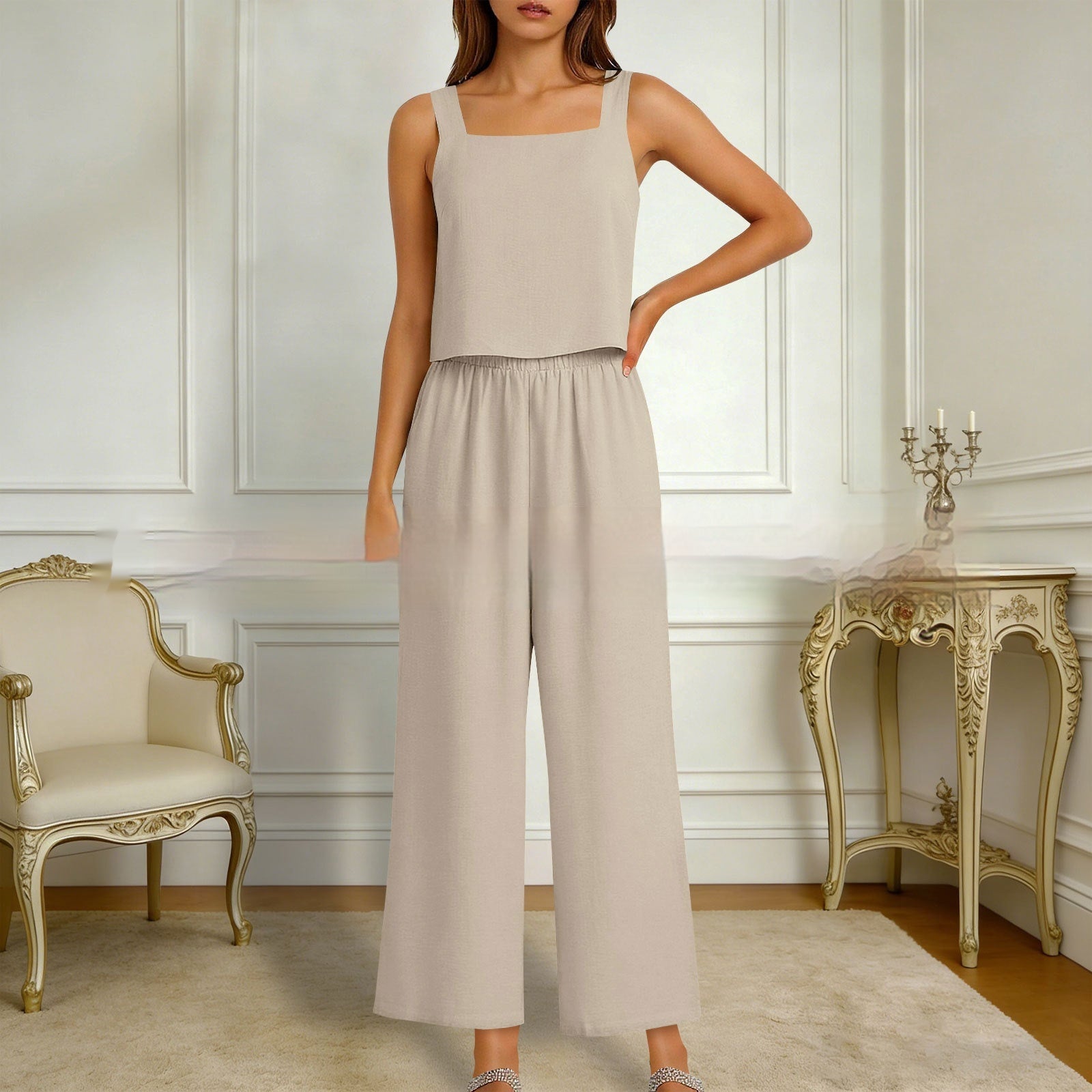 European And American-style Sleeveless Vest And Wide-leg Pants Set For Women - cas7m