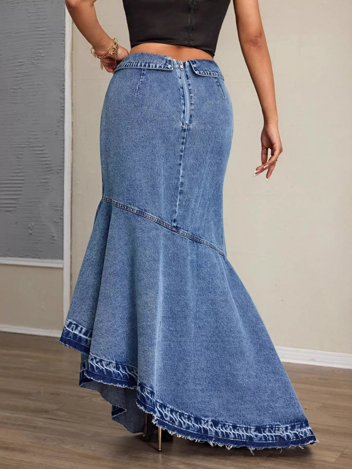 High-Waist Asymmetrical Slit Denim Maxi Mermaid Skirt - cas7m