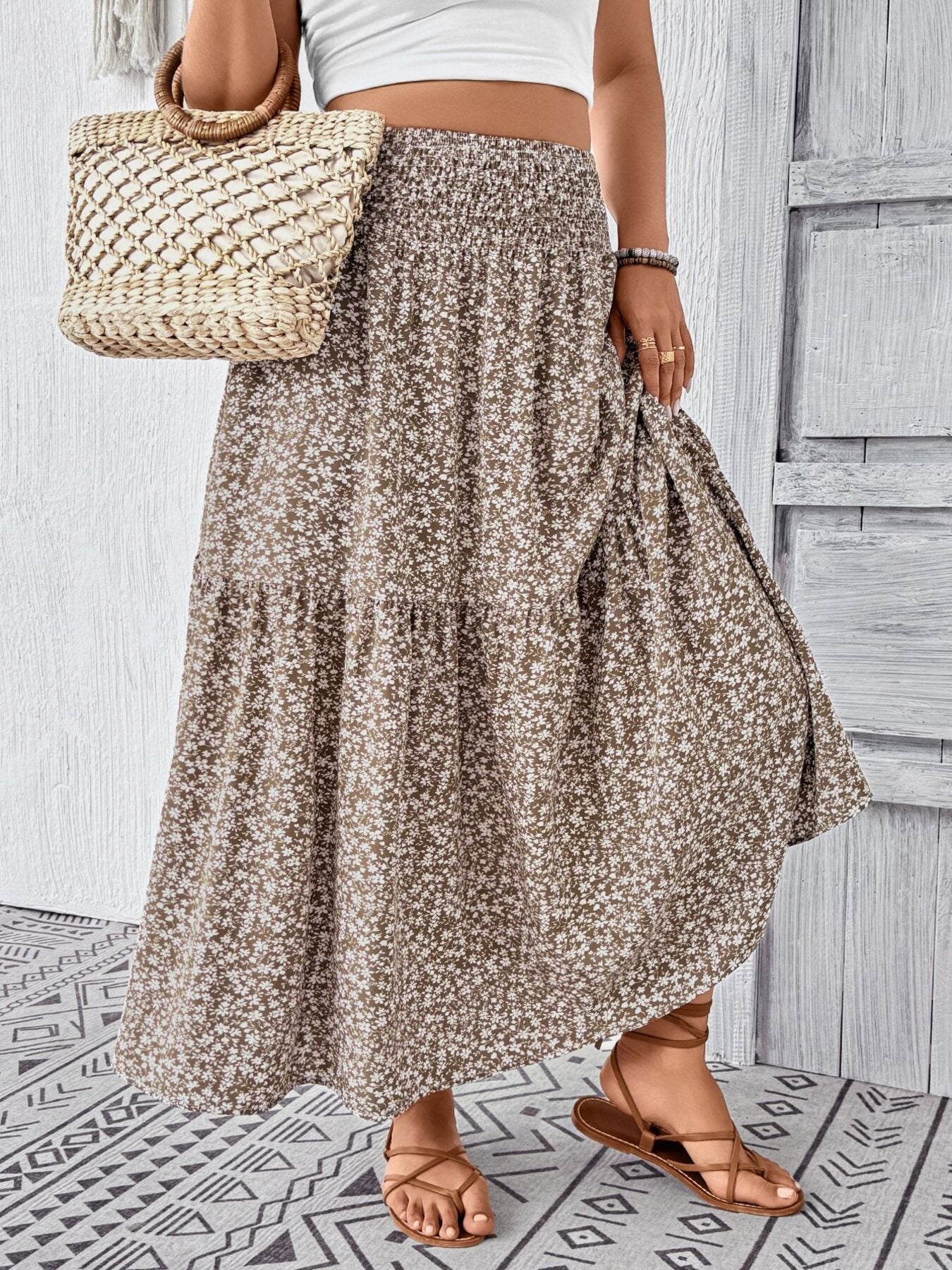 Plus Size Floral Print Tiered Skirt - cas7m