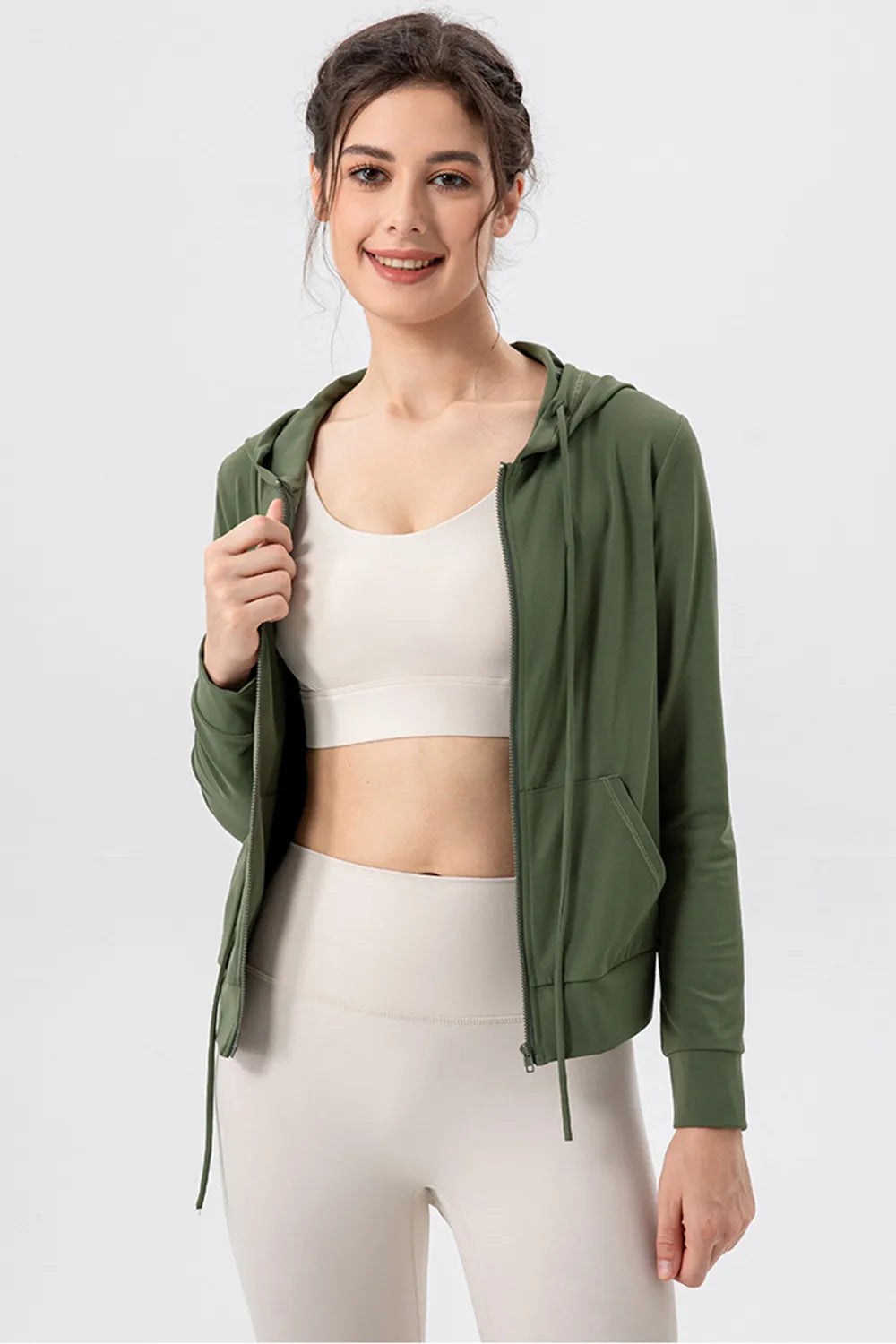 Drawstring Zip Up Hooded Active Outerwear - cas7m