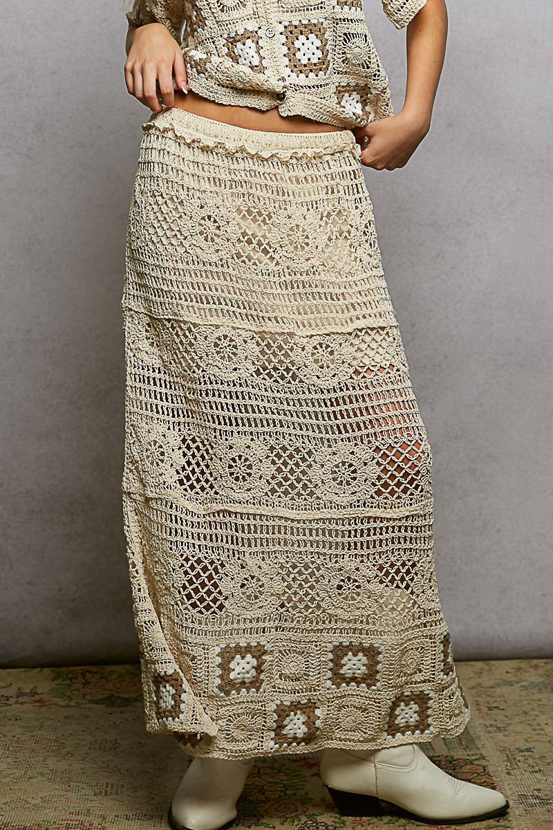 POL Floral Crochet Ruffled Waistband Maxi Skirt with Granny Square Weave - cas7m