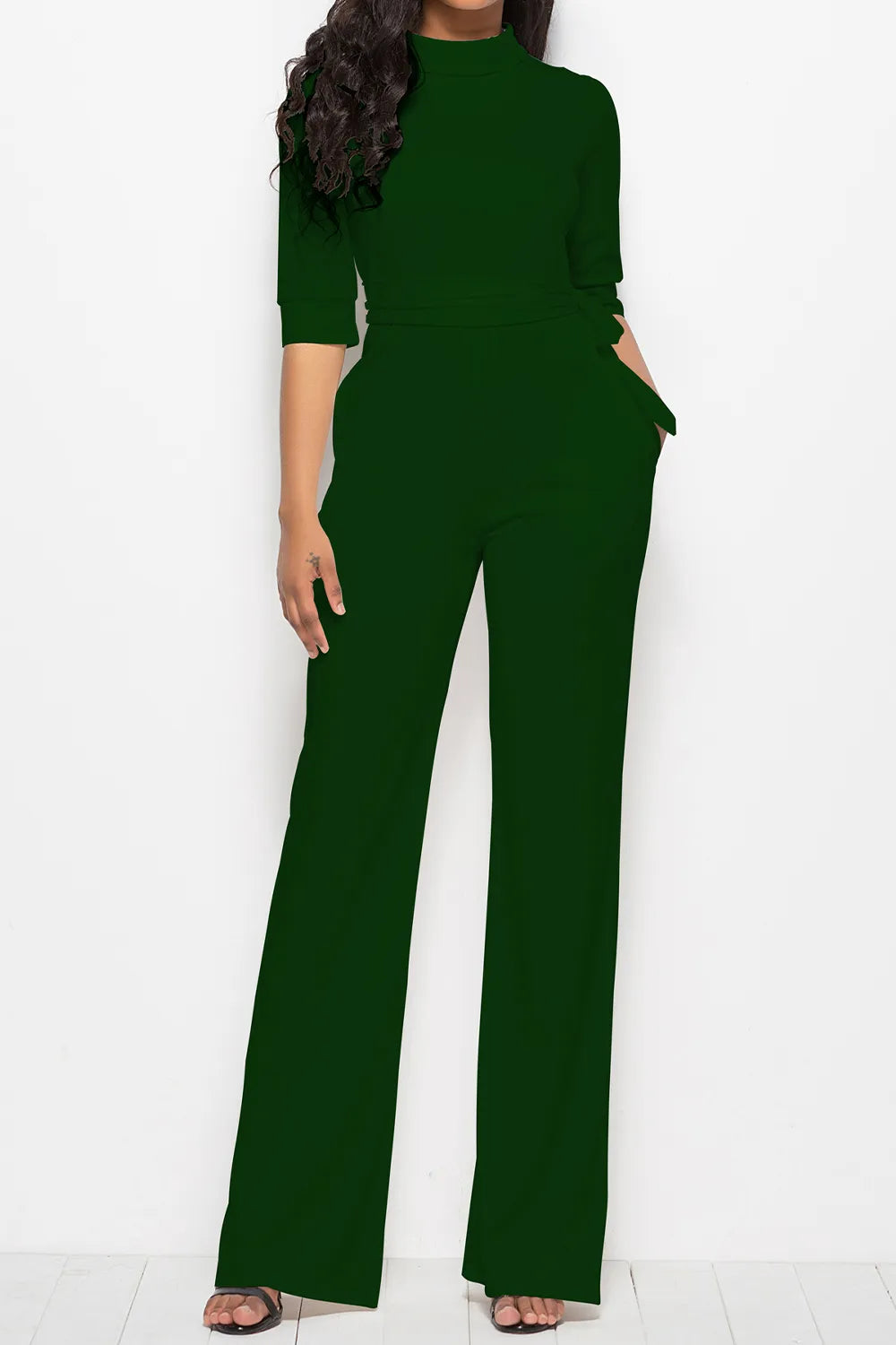 Mock Neck Tie-Waist Half Sleeve Jumpsuit - cas7m