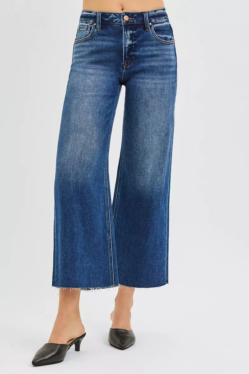 RISEN Full Size Mid Rise Crop Wide Raw Cut Hem Jeans Plus Size - cas7m