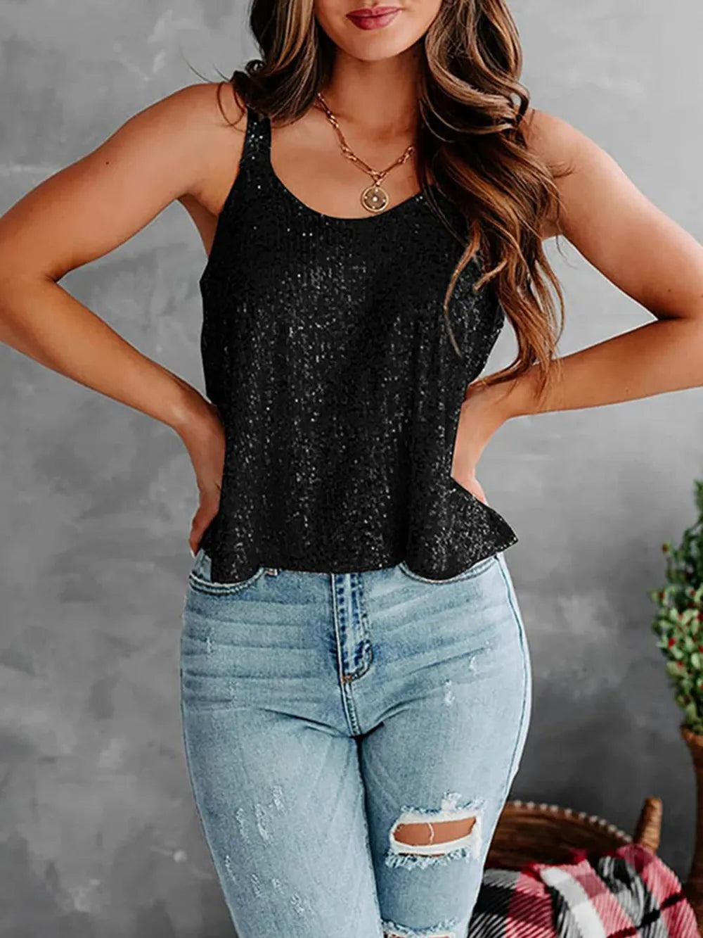 Sequin Scoop Neck Tank - cas7m