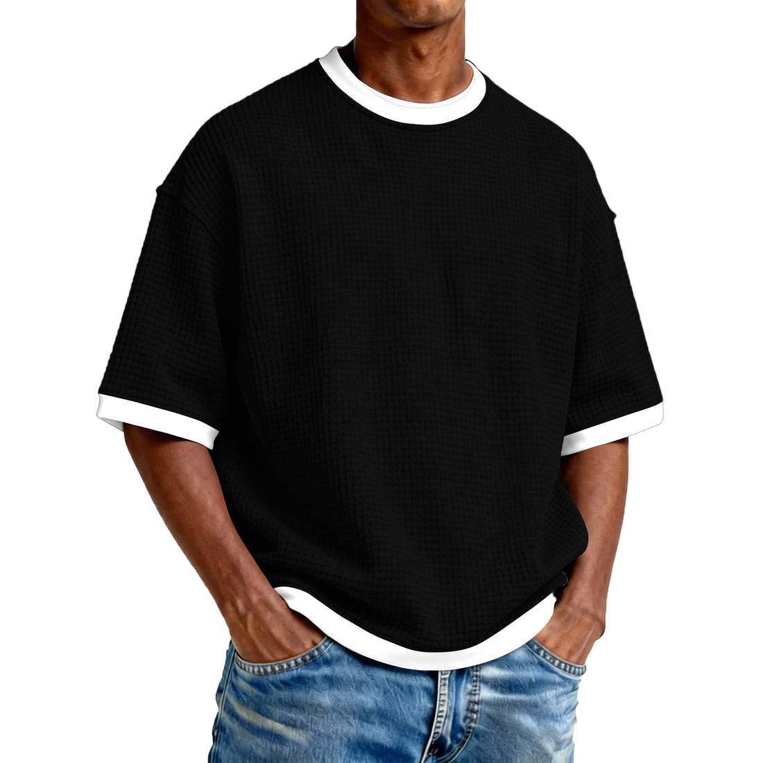 Men's Crew Neck Contrast Color Casual T-Shirt - Cotton Blend Lightweight Short Sleeve Top For Daily Wear - cas7m