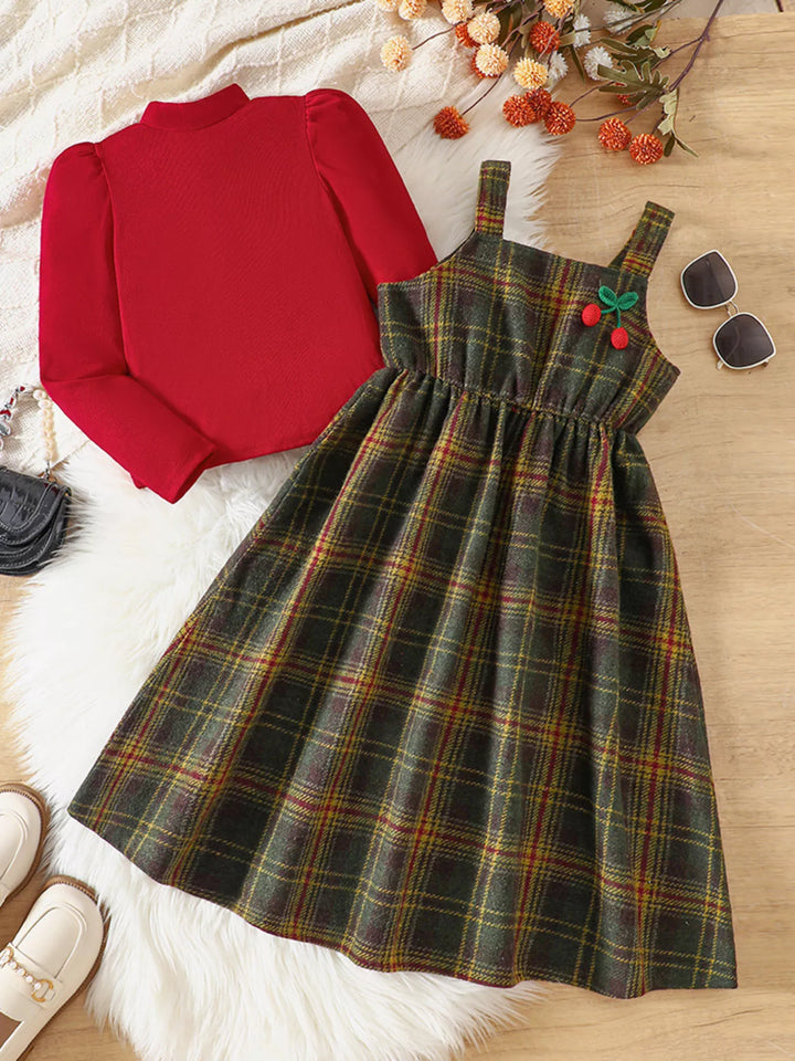 Children's Long Sleeve Top and Plaid Dress Set - cas7m