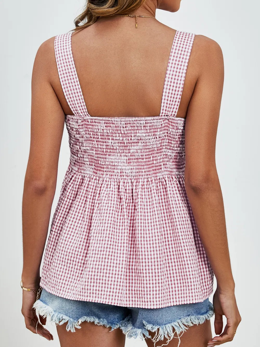 Smocked Plaid Square Neck Tank - cas7m