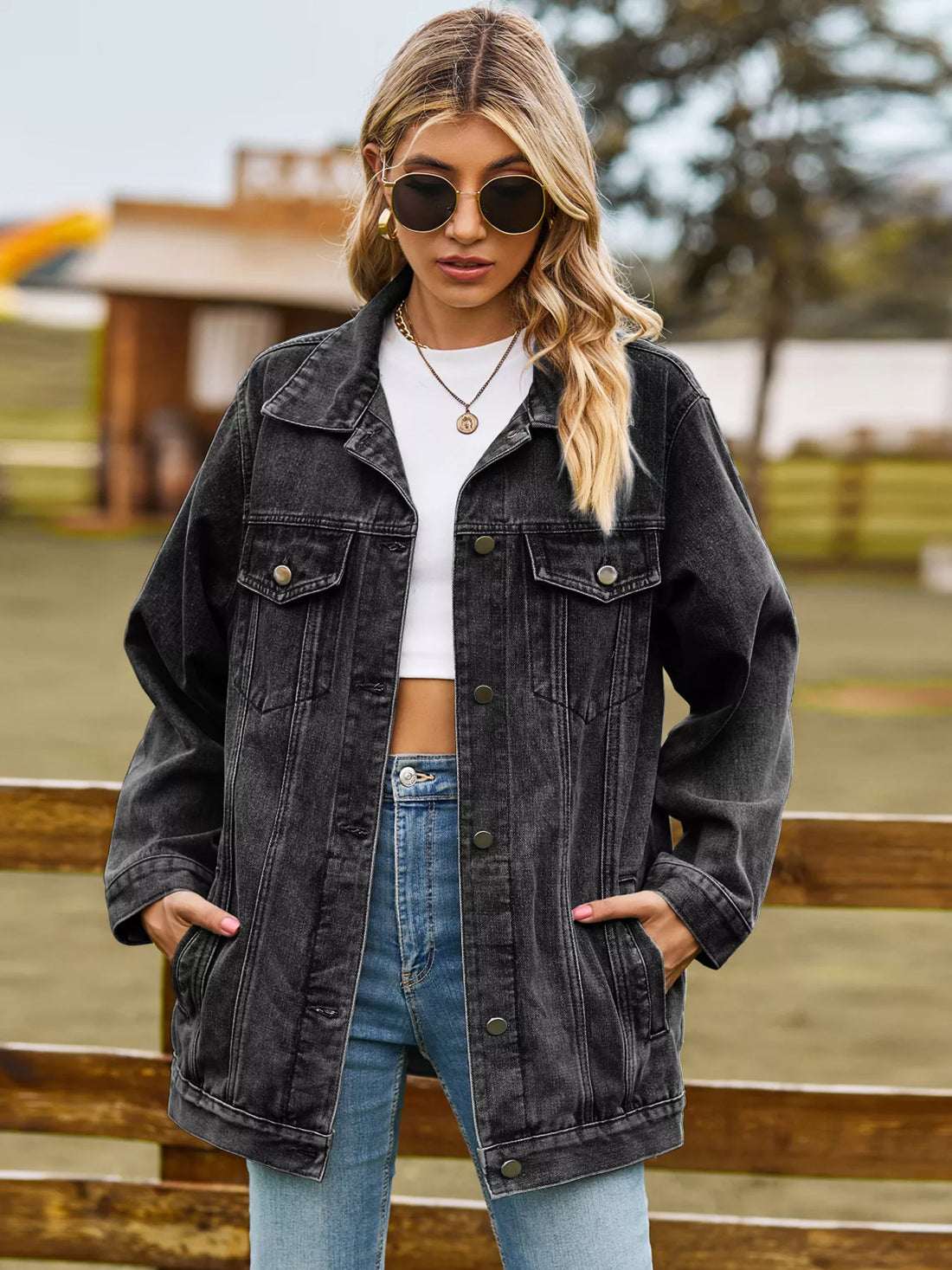 Button Up Long Sleeve Denim Jacket - cas7m