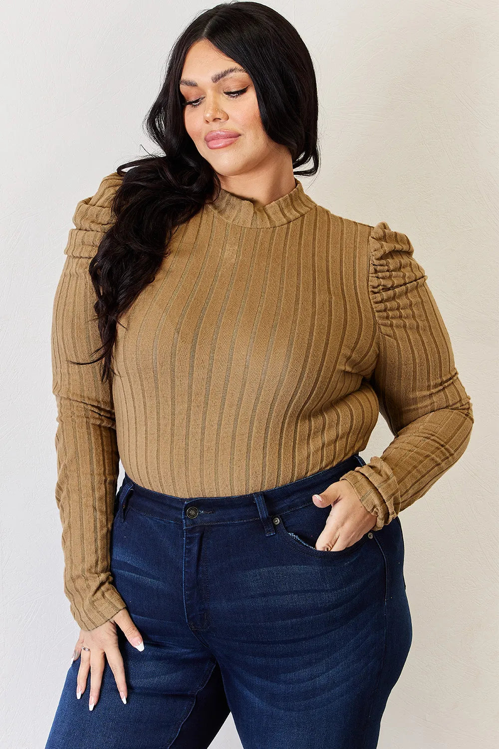 Basic Bae Full Size Ribbed Mock Neck Puff Sleeve T-Shirt - cas7m