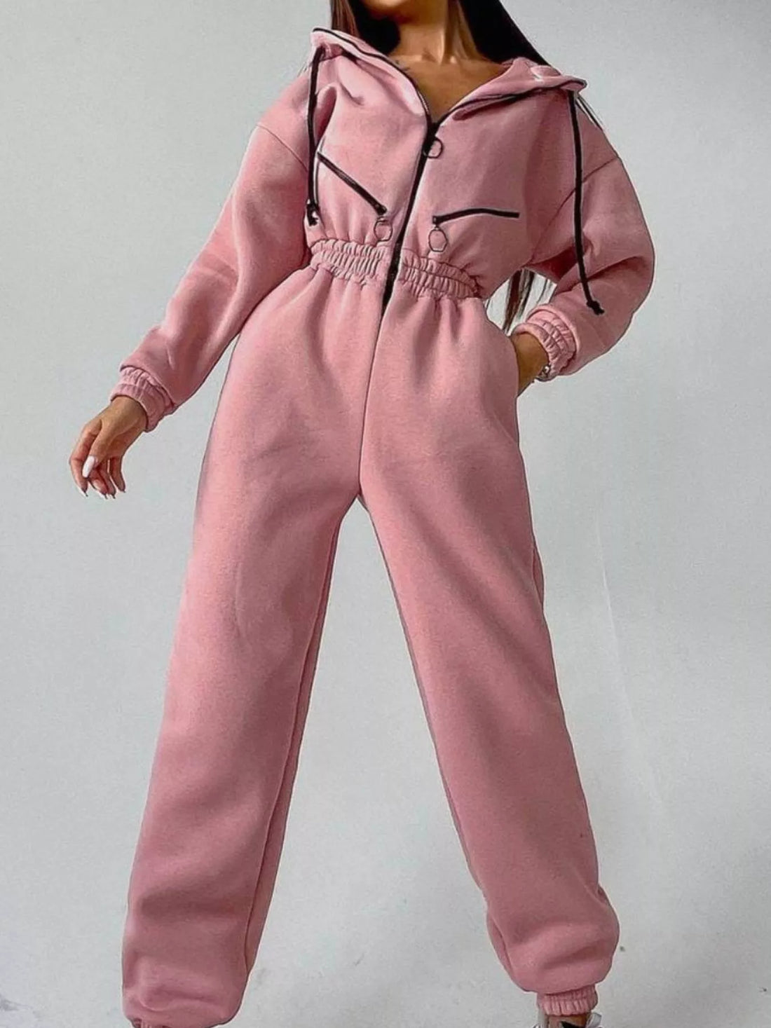 Hooded Zip-Up Long Sleeve Jumpsuit - cas7m