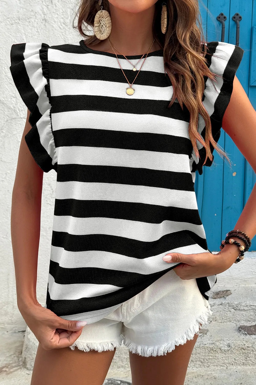 Ruffle Sleeve Striped T-Shirt - cas7m