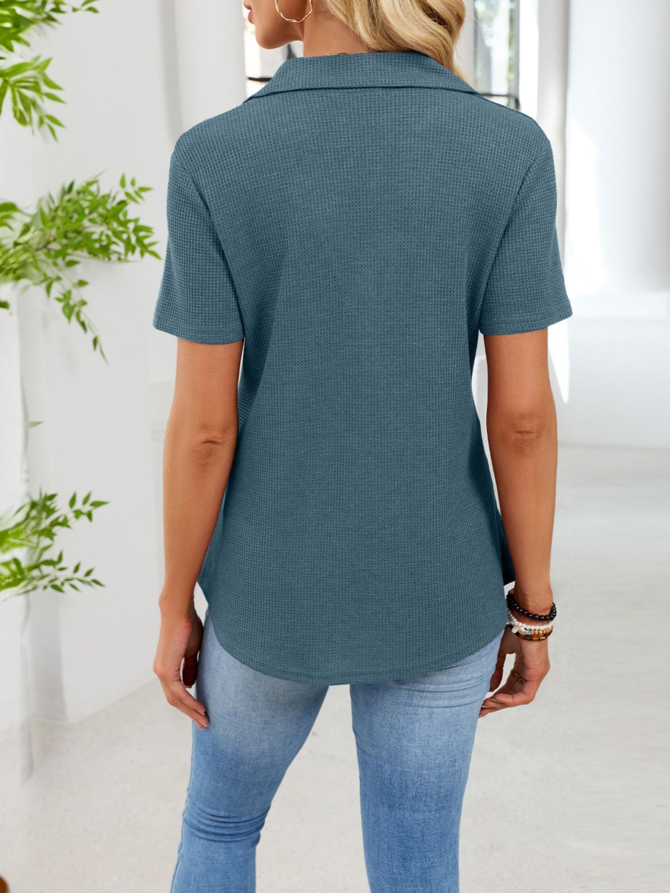 Waffle Knit Button Detail T-Shirt - cas7m