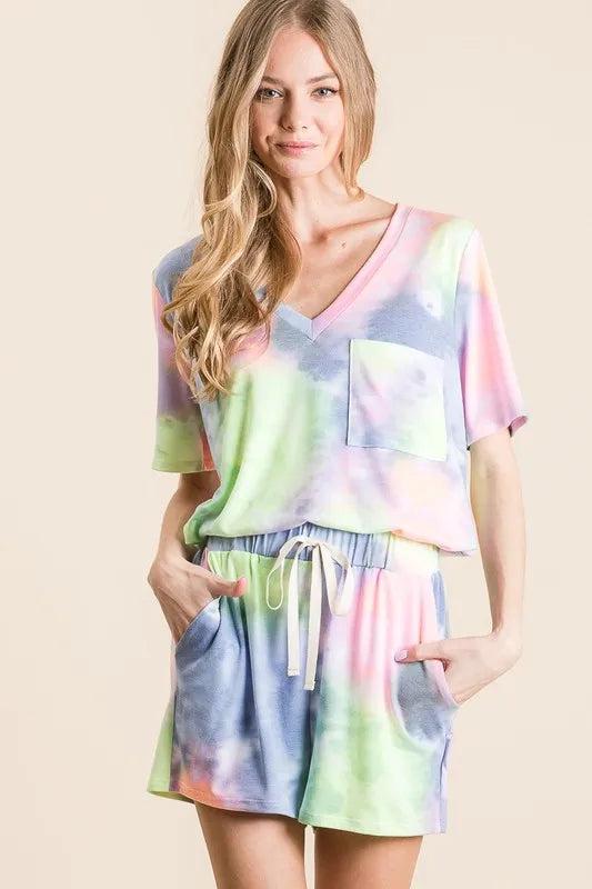 BiBi Tie Dye Casual Shorts with Twill Tape Drawstring - cas7m