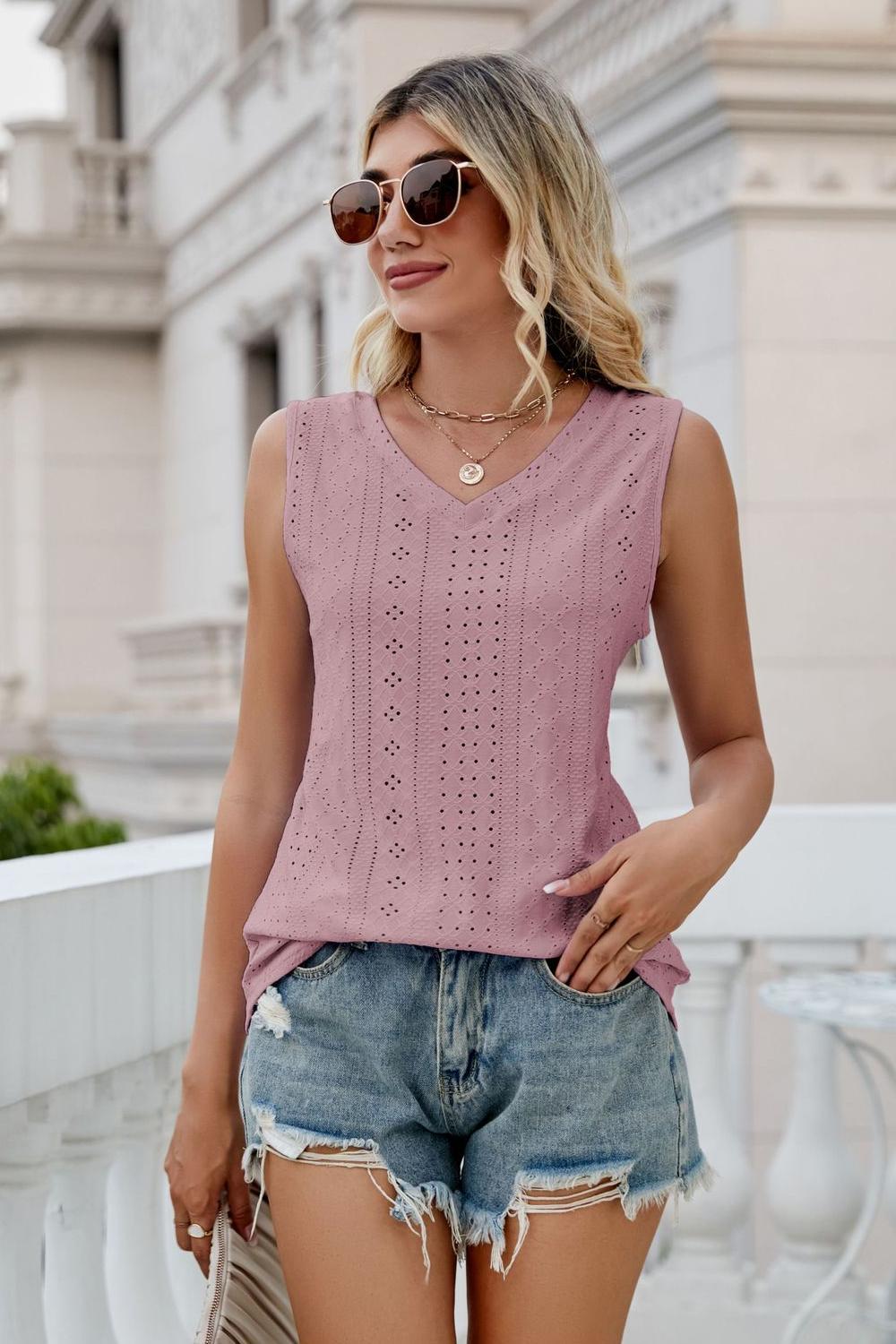 Eyelet V-Neck Tank - cas7m