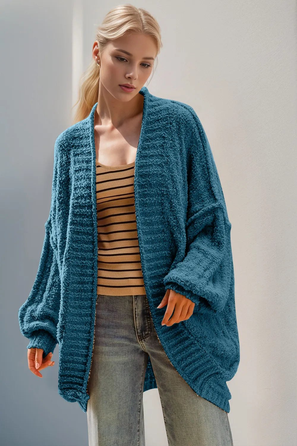 Double Take Full Size Open Front Long Sleeve Cardigan - cas7m