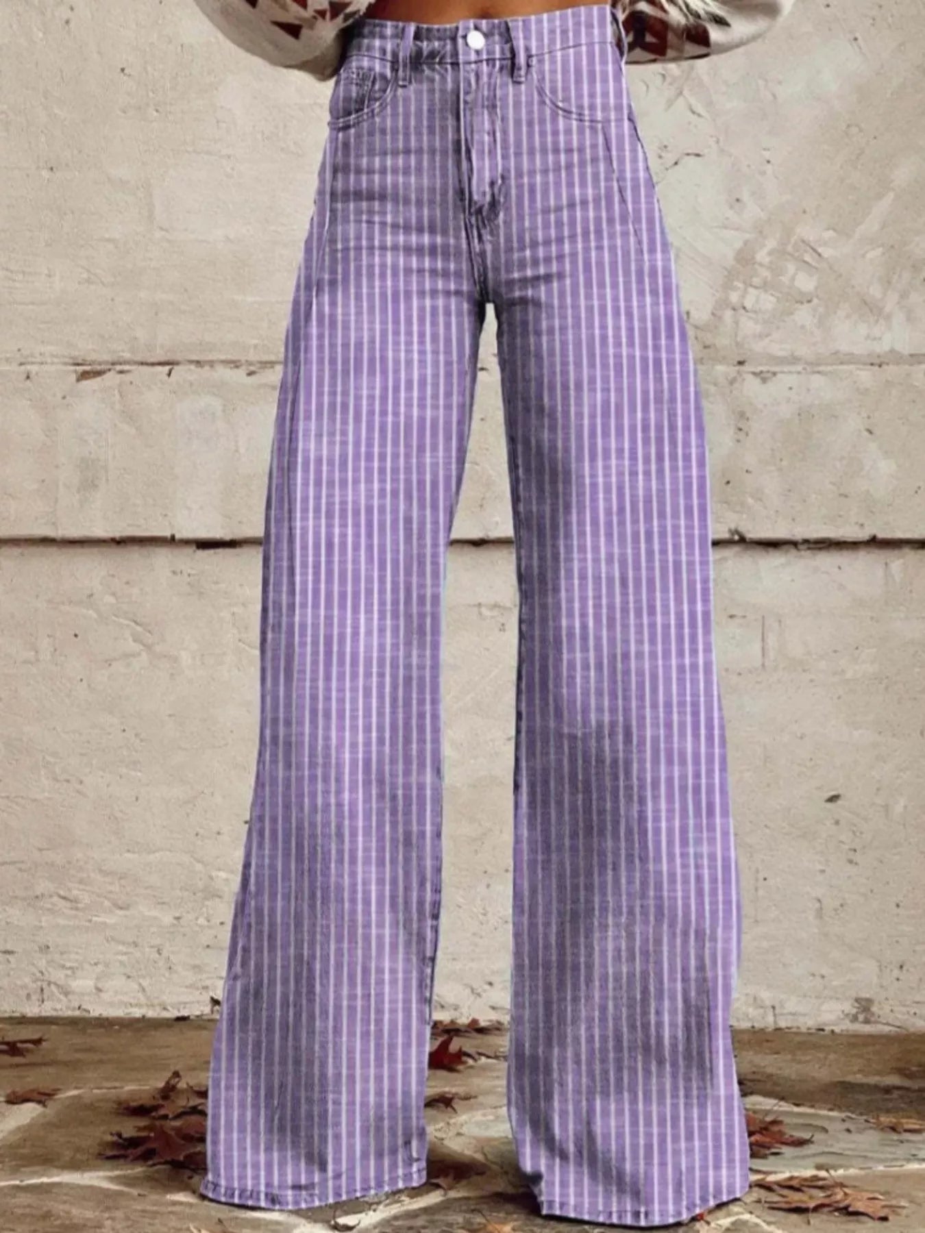 Striped High-Waisted Wide Leg Jeans - cas7m