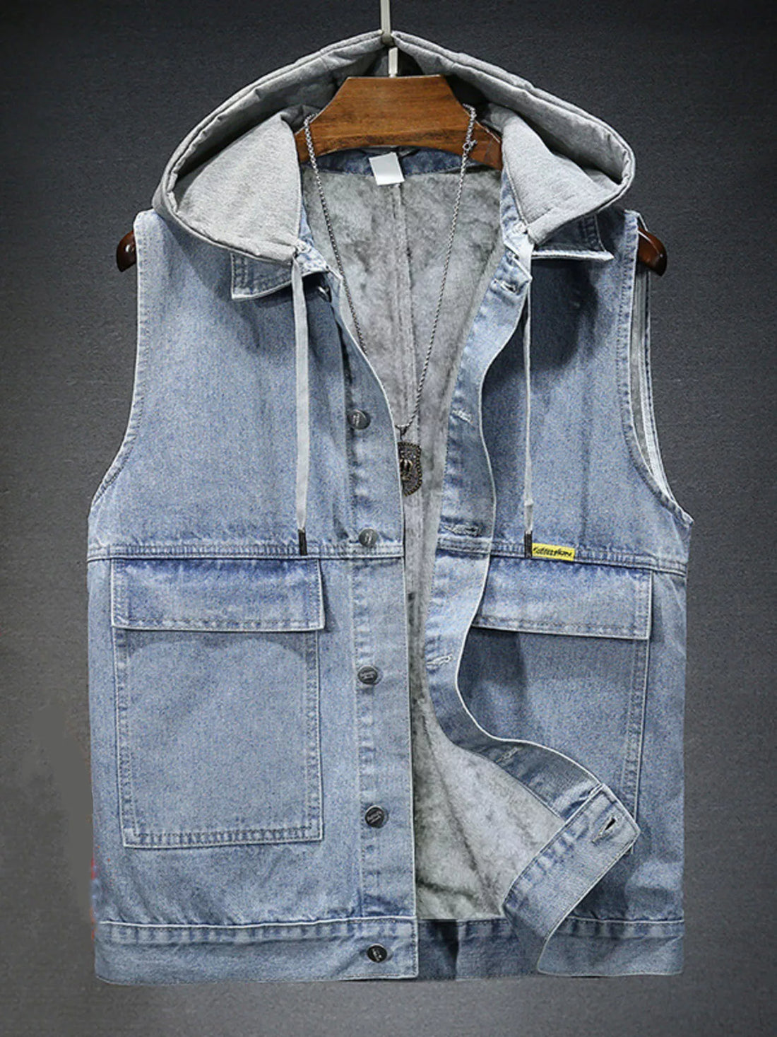 Men's Plus Size Hooded Denim Vest with Fleece Lining - cas7m