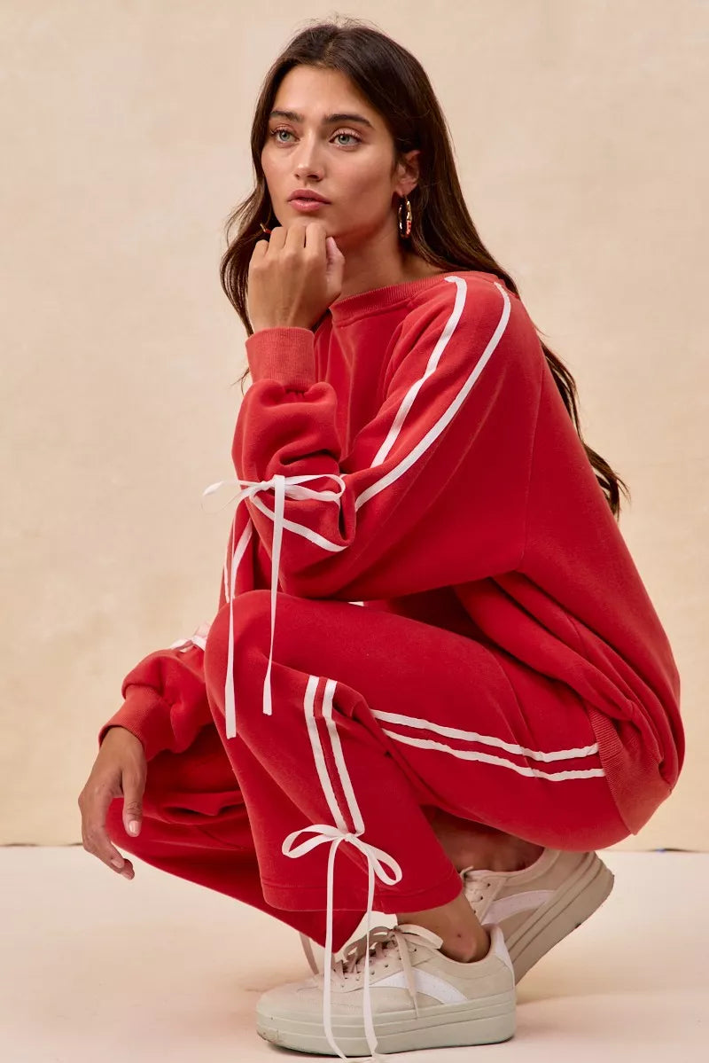 BiBi Side Lined Bow Details Fleece Sweatpants - cas7m