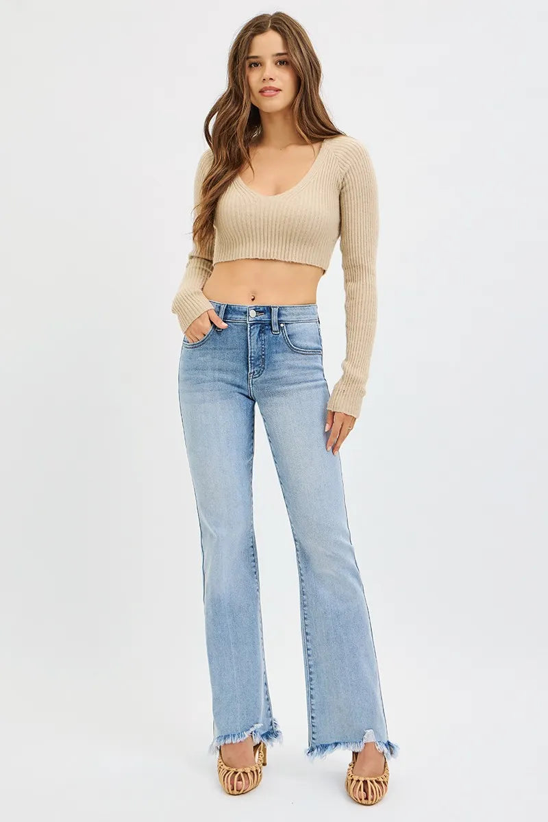 RISEN Full Size Tummy Control Mid Rise Flare Jeans with Fray Hem Detailed Plus Size - cas7m