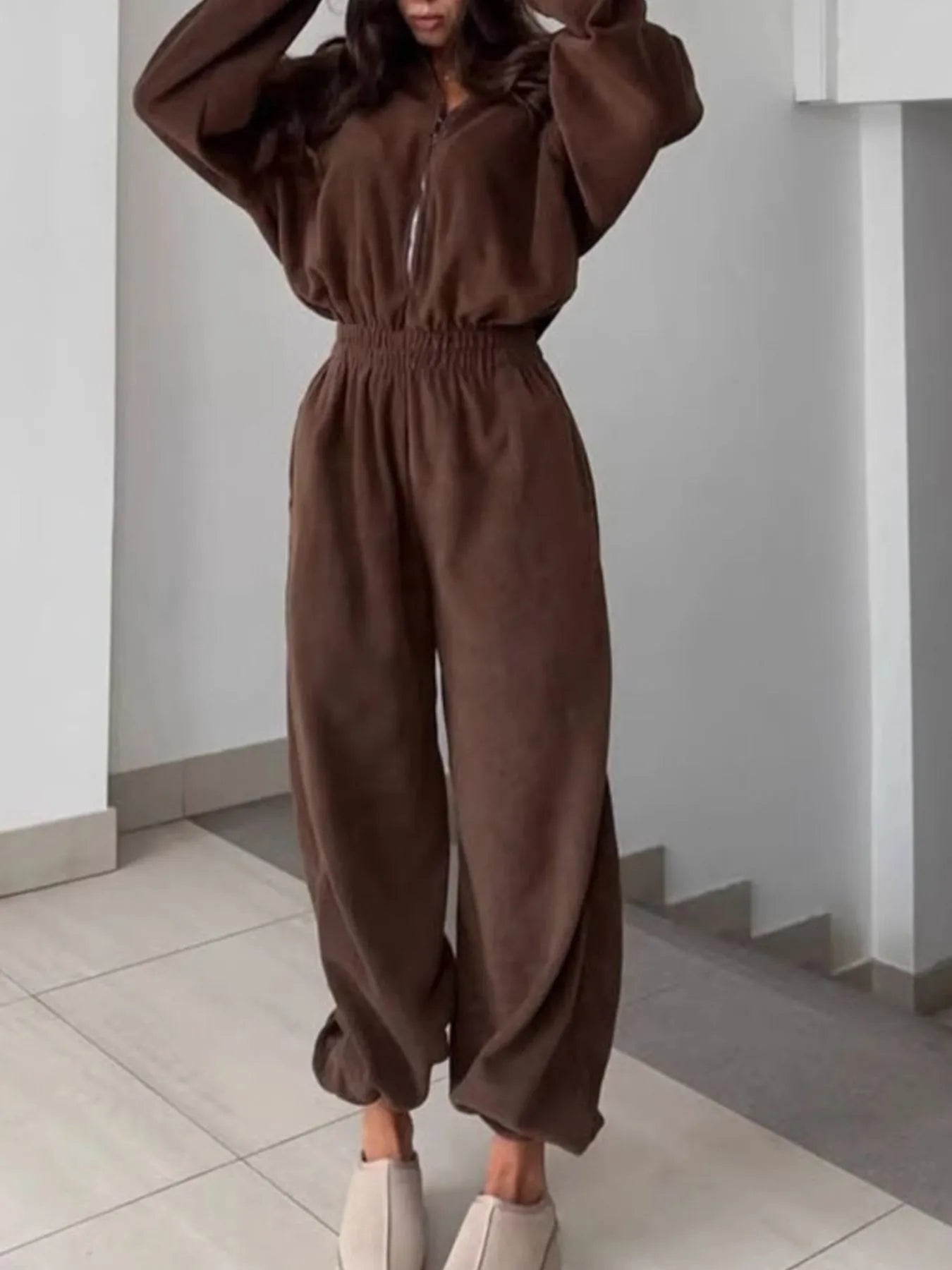 Zip Front Long Sleeve Jumpsuit - cas7m