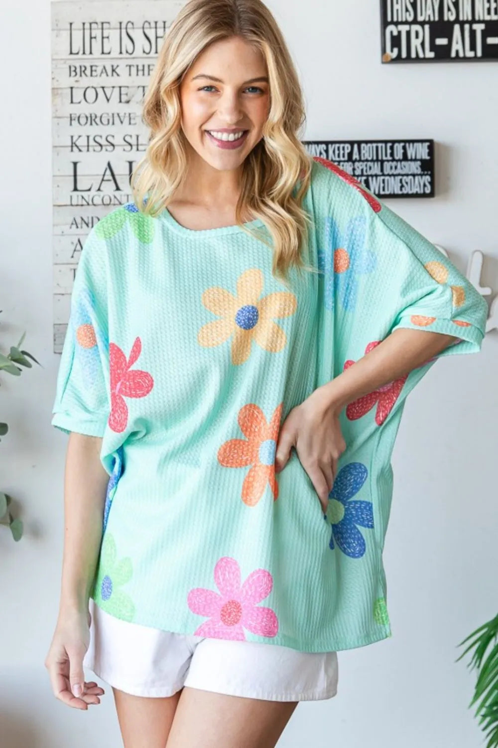 HOPELY Floral Waffle Oversize T-Shirt - cas7m