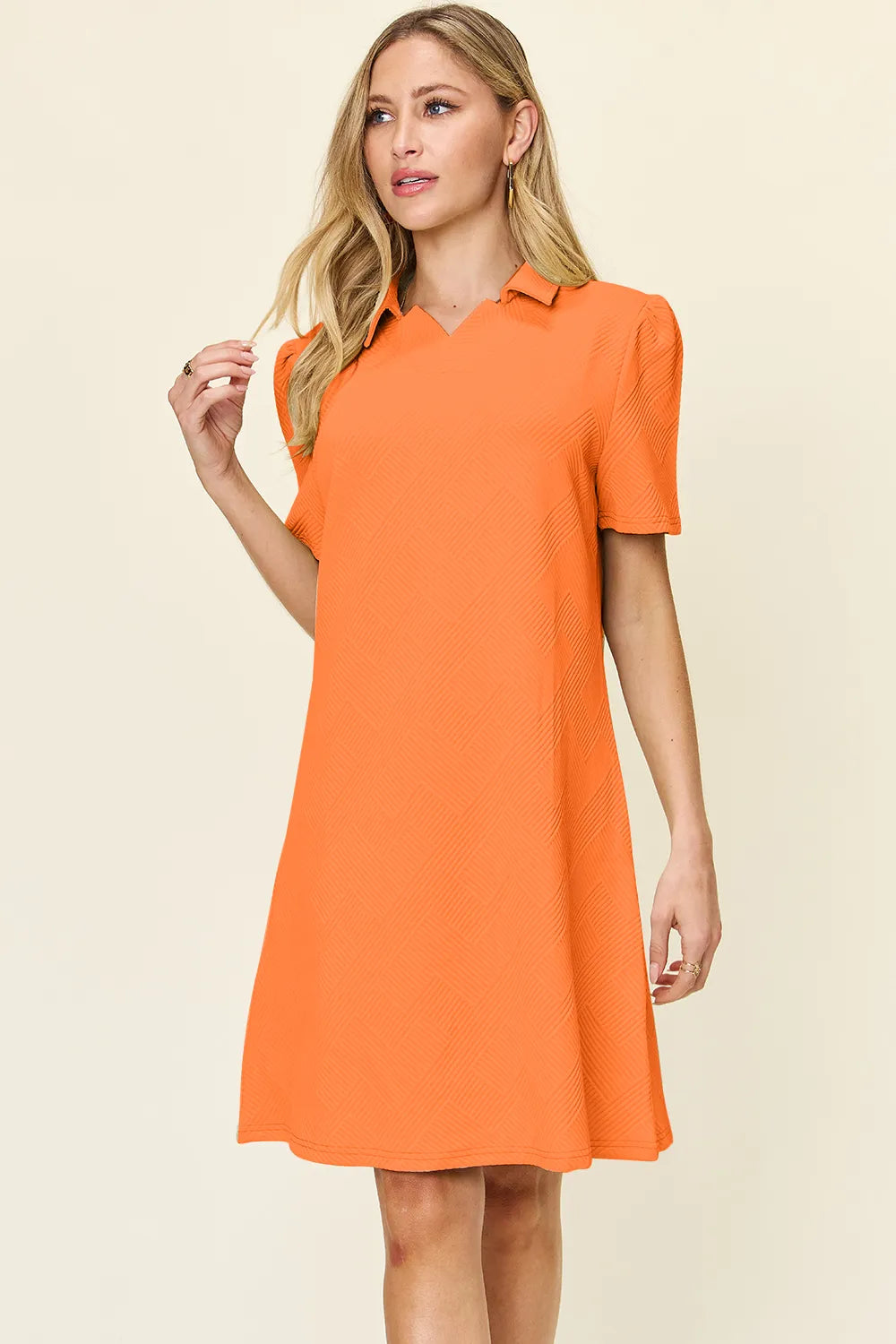 Double Take Full Size Texture Collared Neck Short Sleeve Dress - cas7m