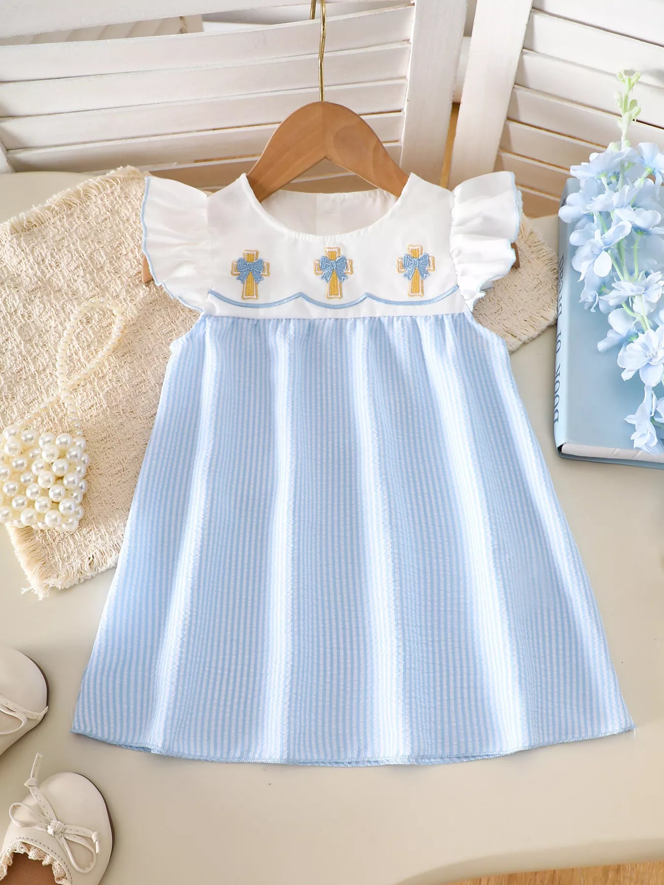 Children's Embroidered Striped Dress - cas7m