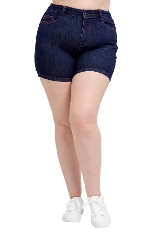 Judy Blue Plus Size HW Heart Shaped Pkts & Red Contrast Thread Denim Shorts - cas7m