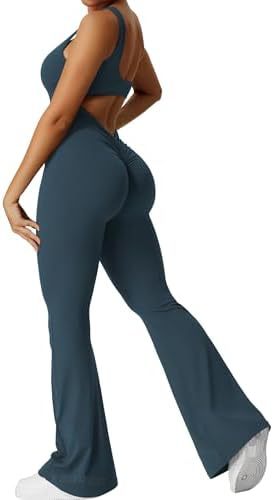 Women Sleeveless Flare Jumpsuits Fitness Yoga Long Pants - cas7m