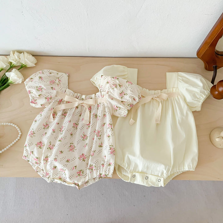 Small Floral Bow Baby Girl Bubble Sleeve Harness Crawl Clothes - cas7m