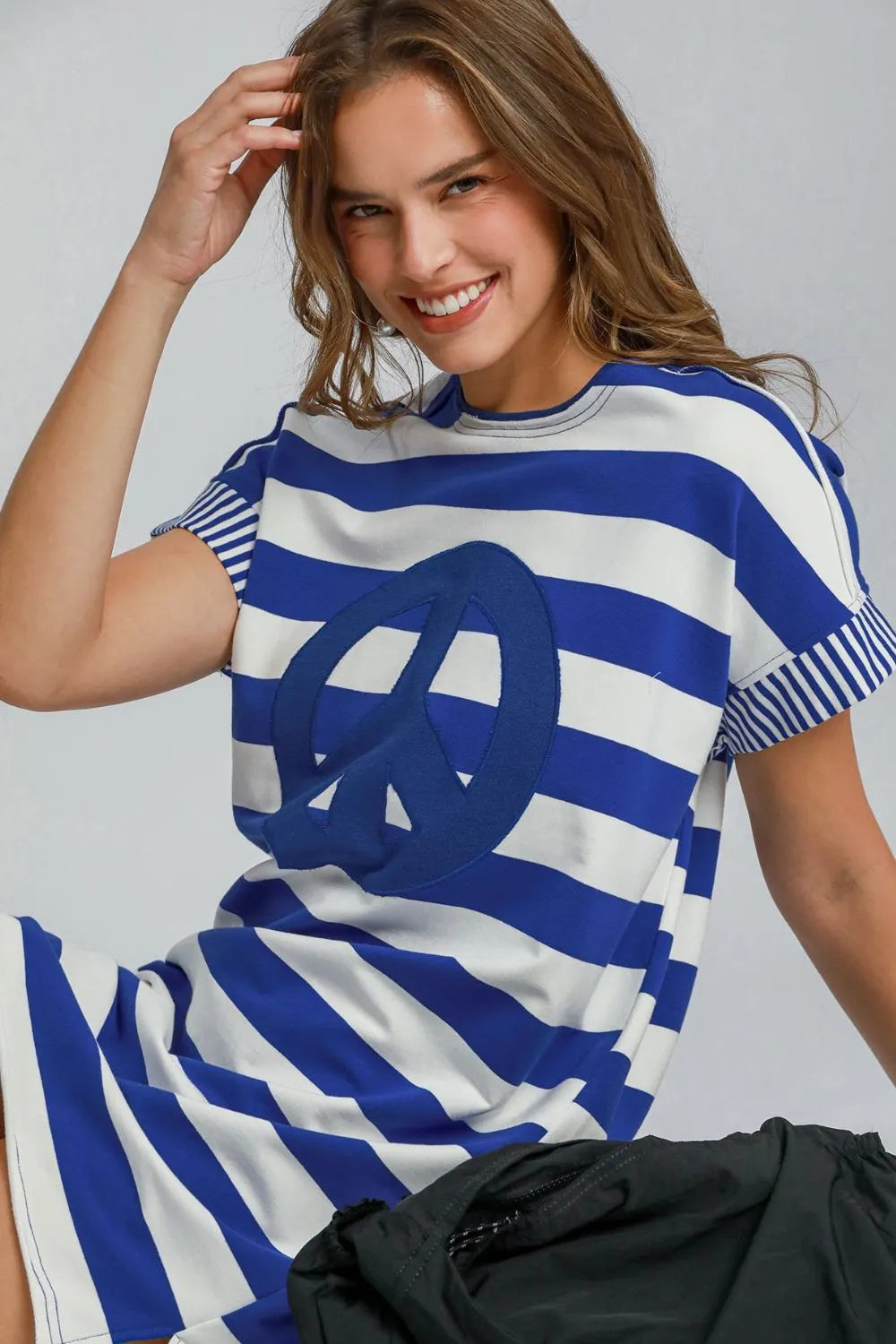 Umgee Peace Applique Striped Short Sleeve Mini Dress - cas7m