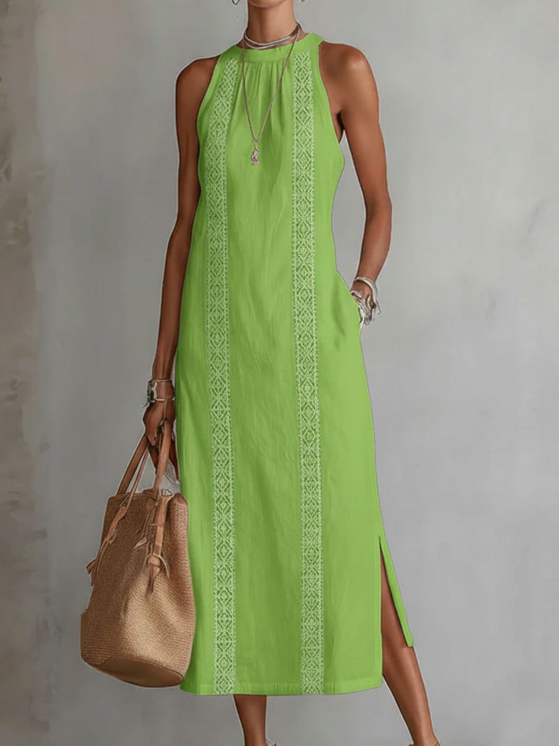 Women's Halter Neck Sleeveless Dress Lace Patchwork Holiday Style Summer Top - cas7m