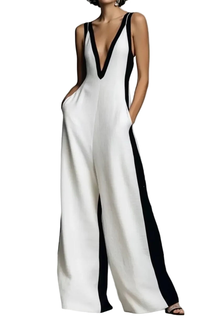 Contrast Trim V-Neck Jumpsuit - cas7m