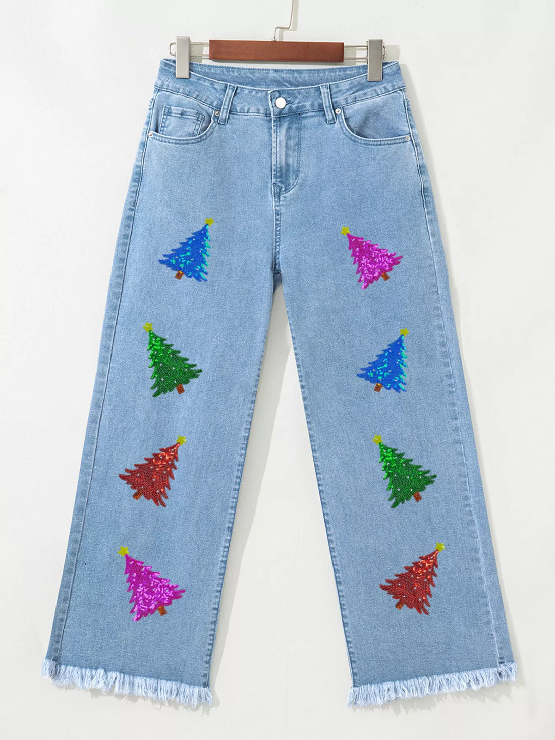 Colorful Sequin Christmas Tree Patched Raw Hem Cropped Wide Leg Jeans - cas7m