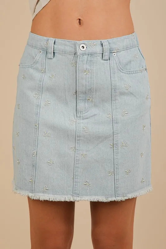 VERY J Bow Printed Casual Denim Mini Skirt - cas7m