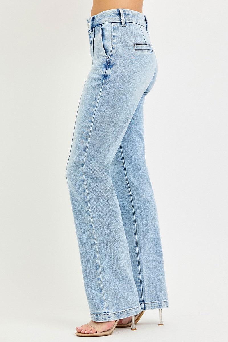 RISEN Tummy Control High Rise Straight Pin Tuck Jeans - cas7m